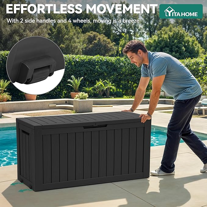 YITAHOME 72 Gallon Outdoor Resin Deck Box with Wheels, Pool Storage Box for Outdoor Cushions, Sports Equipment, Garden Tools, Black - Image 5