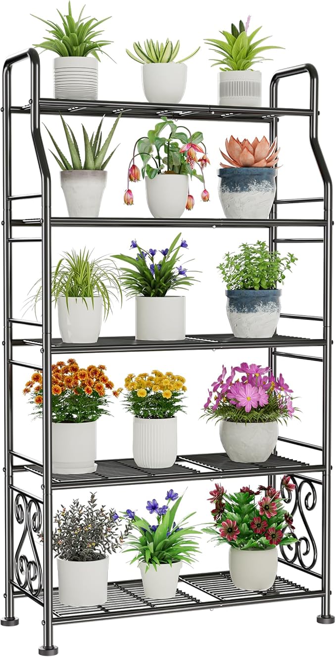 GIOTORENT Plant Stand Outdoor Indoor 5 Tier Metal Waterproof - 53.2" Plant Shelf for Patio, Balcony, Living Room, Large Capacity Tiered Plant Rack, Black by GIOTORENT