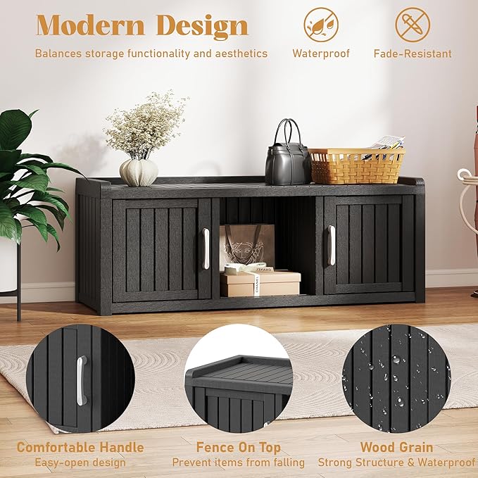 2-Tier Storage Bench, Waterproof UV-Resistant Outdoor Shoe Storage Cabinet with 2 Doors & Adjustable Shelves for Indoor Outdoor Entryway, Hallway, Living Room(Black) - Image 4