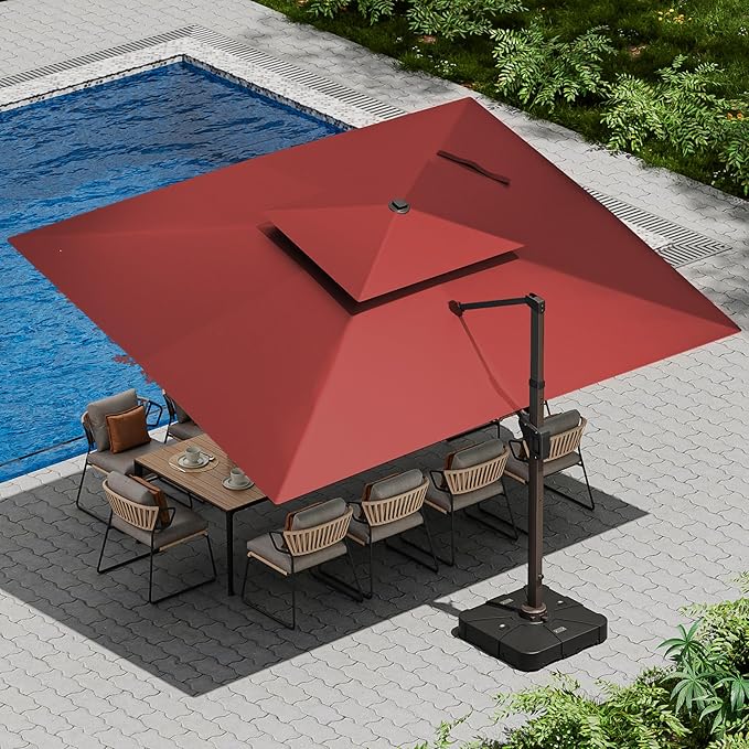 10 X 13 FT Cantilever Patio Umbrella with Led Lights and Base Included Outdoor Heavy Duty Double Top Rectangle Offset Umbrellas with 360-degree Rotation for Pool Deck Backyard, Wine Red by Ombrellon