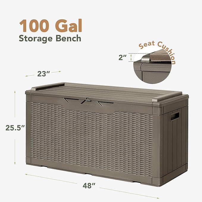 Flamaker Deck Box with Cushion 100 Gallon Waterproof Resin Storage Box with Air Rod Indoor Outdoor Lockable Storage Bench for Patio Furniture, Tools, Pool Accessories (Brown) - Image 6