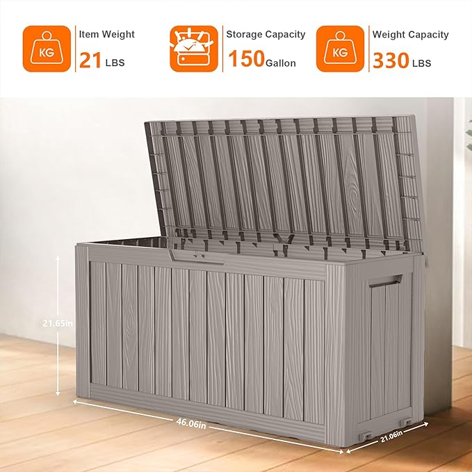 75 Gallon Resin Deck Box, Lockable Patio Outdoor Storage Box for Furniture, Garden Tools and Tools Storage, Waterproof Outside Storage Boxes - Grey - Image 2