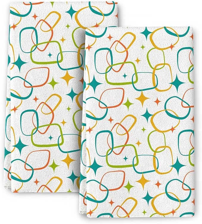Mid Century Modern Kitchen Towels Set of 2, Absorbent Hand Towels, Retro Dish by Wovoto