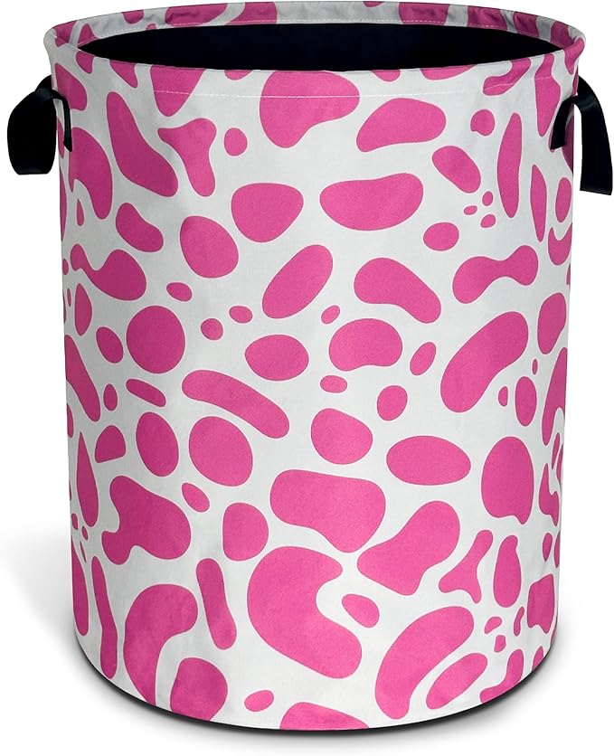 Pink Cow Print Laundry Basket Animal Foldable Oxford Cloth Funny Tote Bag by NUTAINLA