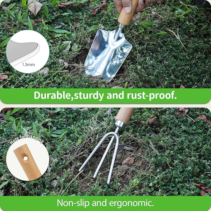Garden Tool Set, 2 Pieces Stainless Steel Heavy Duty Garden Tools, Gardening Kit with Wooden Handle Garden Hand Tools, Durable Garden Tools for Gardening, Gardening Gifts for Women Men - Image 6