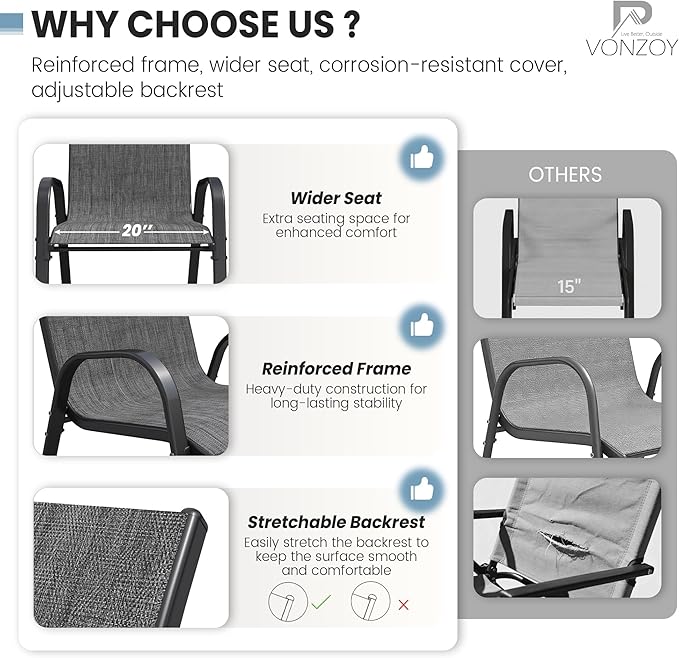 Patio Dining Chairs Set of 4, Stackable Dining Chairs High Back, Breathable Seat Fabric and Alloy Steel Frame Fit Backyard, Porch, Lawn，Poolside (Dark Grey) - Image 5