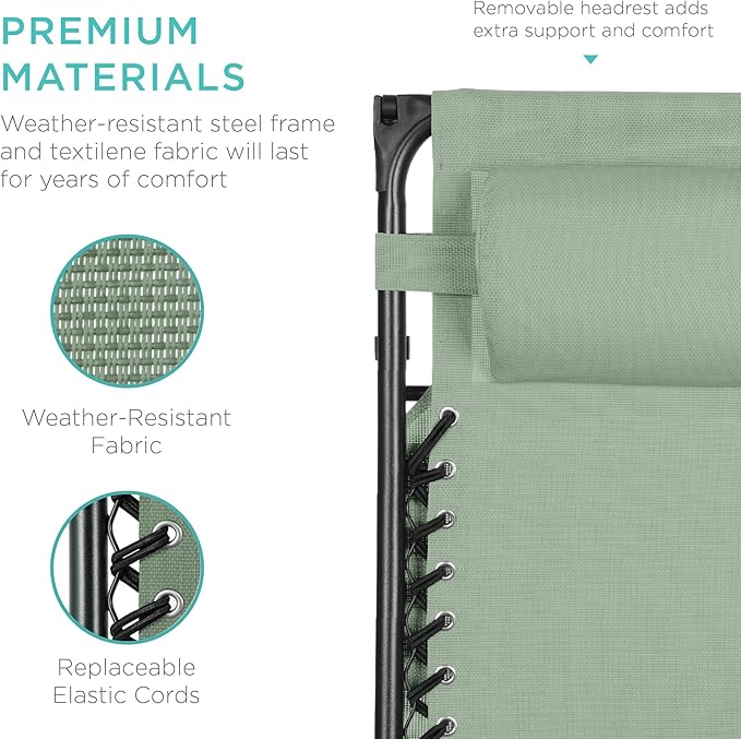 Best Choice Products Folding Zero Gravity Outdoor Recliner Patio Lounge Chair w/Adjustable Canopy Shade, Headrest, Side Accessory Tray, Textilene Mesh - Sage Green - Image 5