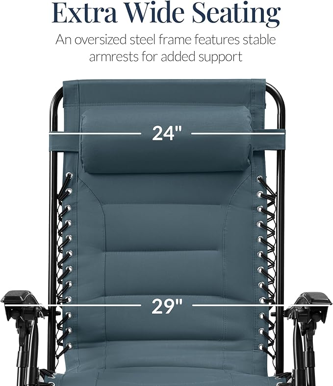 Best Choice Products Oversized Padded Zero Gravity Chair, Folding Outdoor Patio Recliner, XL Anti Gravity Lounger for Backyard w/Headrest, Cup Holder, Side Tray, Polyester Mesh - Slate Blue - Image 3