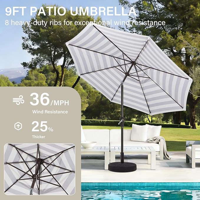 MEWAY 9ft Patio Umbrella Outdoor Table Umbrellas with Push Button Tilt and Crank, Market Umbrella 8 Sturdy Ribs for Deck, Garden, Pool and Backyard, Black-white-striped - Image 4