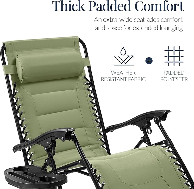 Best Choice Products Oversized Padded Zero Gravity Chair, Folding Outdoor Patio Recliner, XL Anti Gravity Lounger for Backyard w/Headrest, Cup Holder, Side Tray, Polyester Mesh - Sage Green - Image 4