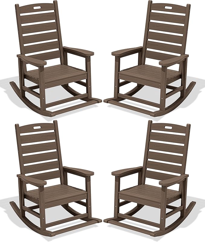 SERWALL Outdoor Rocking Chair Set of 4, Oversized HDPE Patio Rocking Chair with Footrest for Adults, All Weather Porch Rocker for Deck Patio Balcony, Coffee by SERWALL