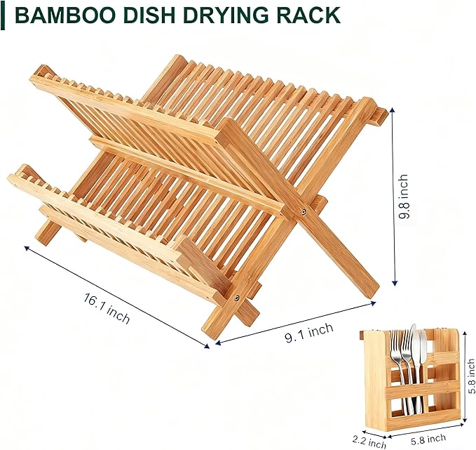 QUEENKAY Dish Drying Rack Collapsible 2-Tier Bamboo Dish Rack - Image 5