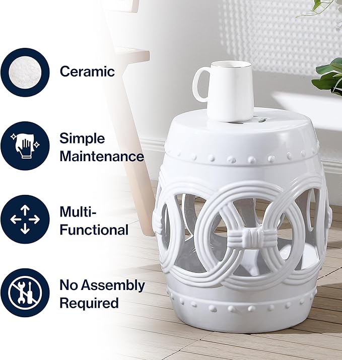 JONATHAN Y TBL1022A Lucky Coins 16" Chinese Ceramic Drum Indoor/Outdoor Garden Stool, Bohemian, Coastal, Cottage, French Country, Traditional, Spill-Proof, Living Room, Garden Room, Patio, White - Image 6