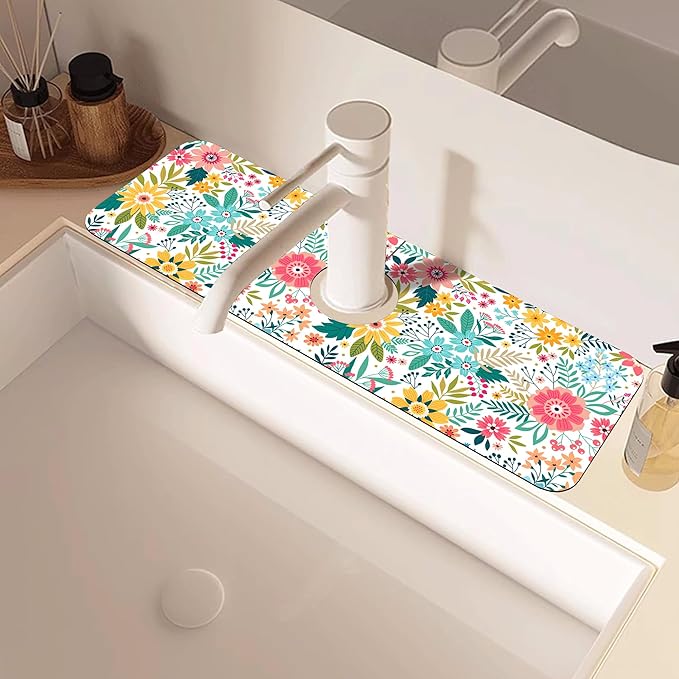 Colorful Floral Leaves Berries Kitchen Sink Splash Guard Mat Absorbent Fast - Image 2
