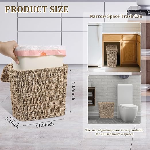 Wicker Waste Basket with Lid and Liner, Woven Seagrass Trash Can, Bathroom - Image 2