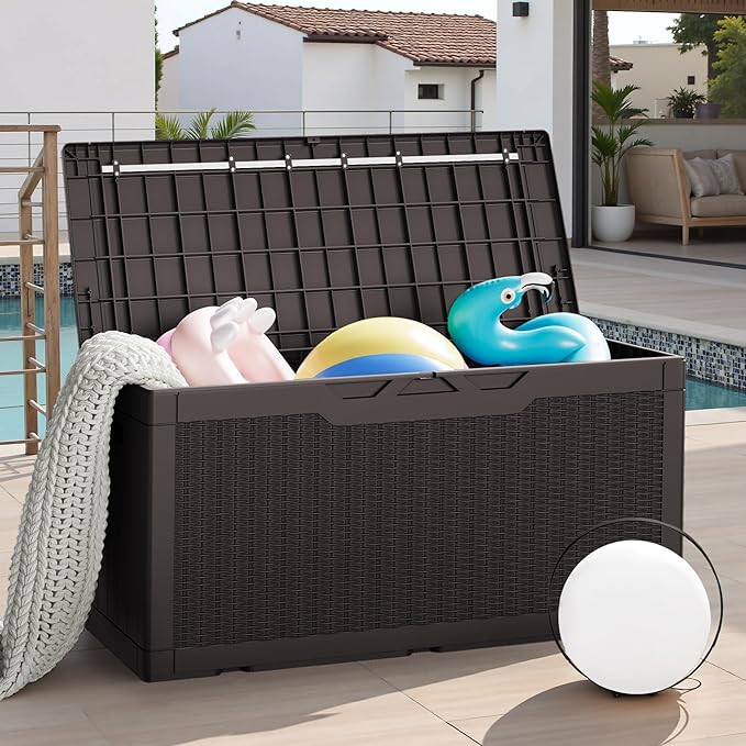 JUMMICO 100 Gallon Resin Deck Box with Cushion, Waterproof Outdoor Storage Box with Lockable Lid for Garden Tools, Patio Cushions (Brown) - Image 7