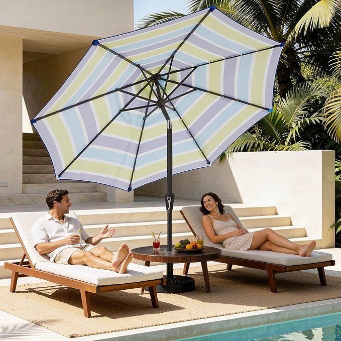 MEWAY 9ft Patio Umbrella Outdoor Table Umbrellas with Push Button Tilt and Crank, Market Umbrella 8 Sturdy Ribs for Deck, Garden, Pool and Backyard, Blue-Green Stripe - Image 3