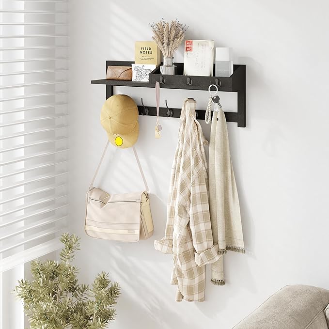 AMBIRD Wall Hooks with Shelf, 26.57 Inch Entryway Wood Coat Hooks - Image 2