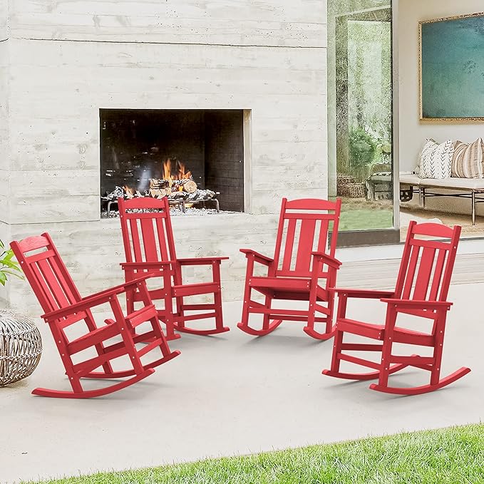 LUE BONA Outdoor Rocking Chairs Set of 4, HDPS Porch Rocker with High Back, Plastic Weather Resistant Rocking Chairs for Outdoor Indoor, Garden, Backyard, 350lb, Bright Red by LUEBONA
