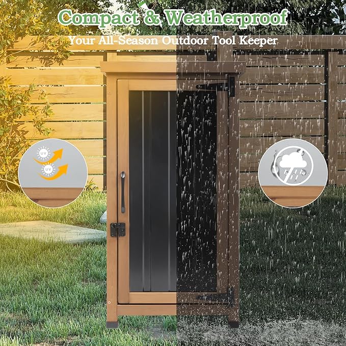 Small Outdoor Storage Cabinet Waterproof with Metal Top, Wood & Metal Outside Potting Bench Table Tool Organizer with Adjustable Shelf for Patio Backyard Garden - Image 7