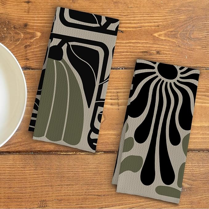 Sage Green Groovy 70s Retro Kitchen Towels Set of 2 - Image 3