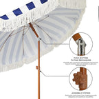AMMSUN 7ft Patio Umbrella with Fringe Outdoor Tassel Umbrella UPF50+ Wood Color Steel Pole and Steel Ribs Push Button Tilt, Navy Stripe - Image 4