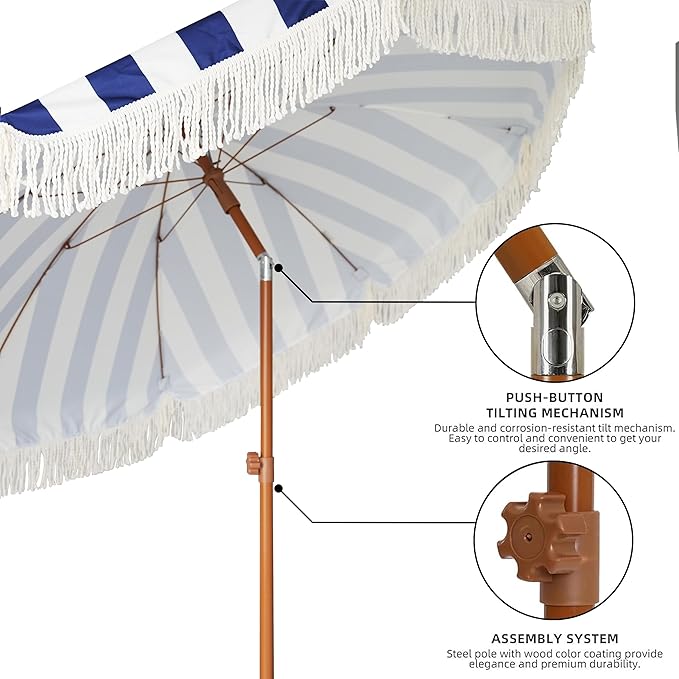 AMMSUN 7ft Patio Umbrella with Fringe Outdoor Tassel Umbrella UPF50+ Wood Color Steel Pole and Steel Ribs Push Button Tilt, Navy Stripe - Image 4