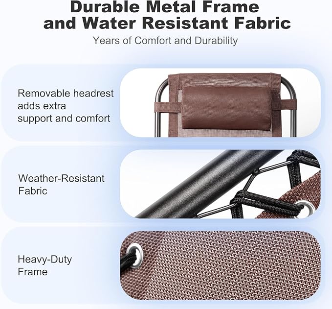 Nazhura Set of 2 Relaxing Recliners Patio Chairs Adjustable Steel Mesh Zero Gravity Lounge Chair Beach Chairs with Pillow and Cup Holder Khaki (Brown) - Image 6