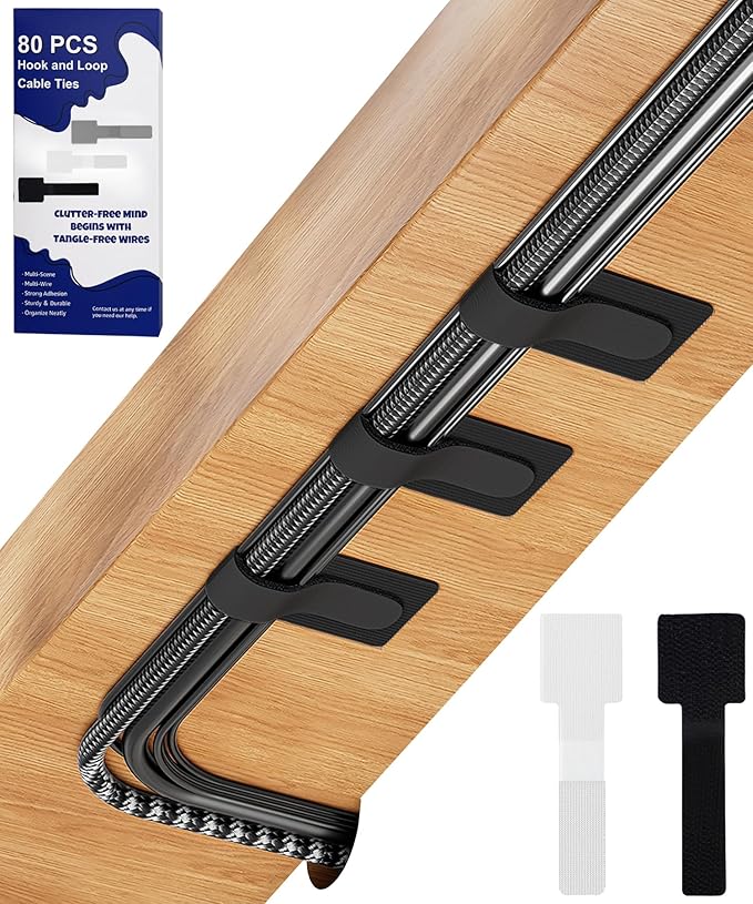 80PCS Hook and Loop Cable Ties, Hook and Loop Cable Straps, Under Desk Cable by BTPIEL