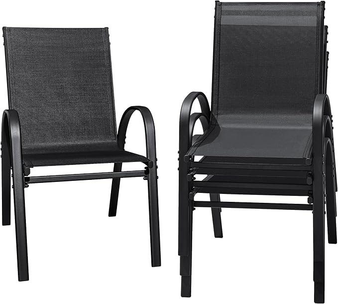 Flamaker Patio Chairs Stackable Dining Chairs Set of 4 Metal and Teslin Outdoor Chairs for Lawn Deck Porch Balcony (Black) by Flamaker