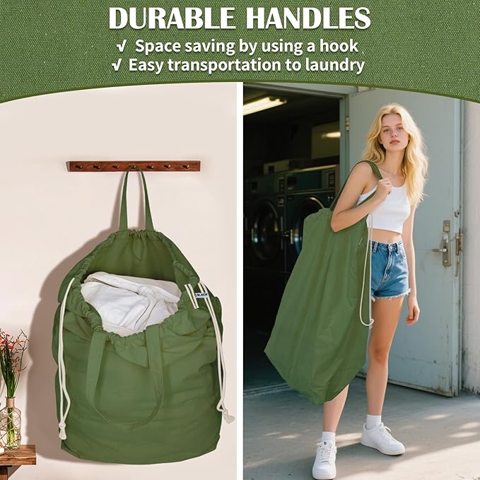 Canvas Laundry Bags with Handles & Rectangular Base, Washable Cotton Drawstring - Image 5