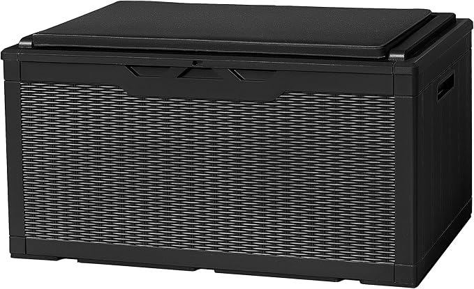 Flamaker Deck Box with Cushion 100 Gallon Waterproof Resin Storage Box with Air Rod Indoor Outdoor Lockable Storage Bench for Patio Furniture, Tools, Pool Accessories (Black) by Flamaker