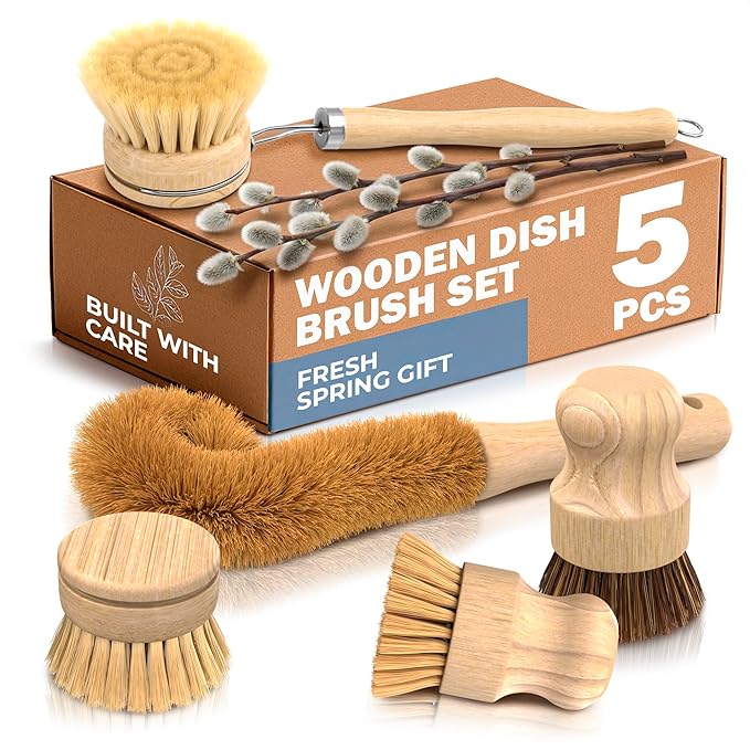 5 Pcs Bamboo Dish Brush Set – Bamboo Dish Scrubber by ZOKLU