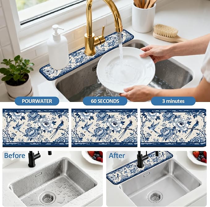2 Pcs Kitchen Sink Splash Guard Faucet Mats Vintage Porcelain Flowers and Birds - Image 5