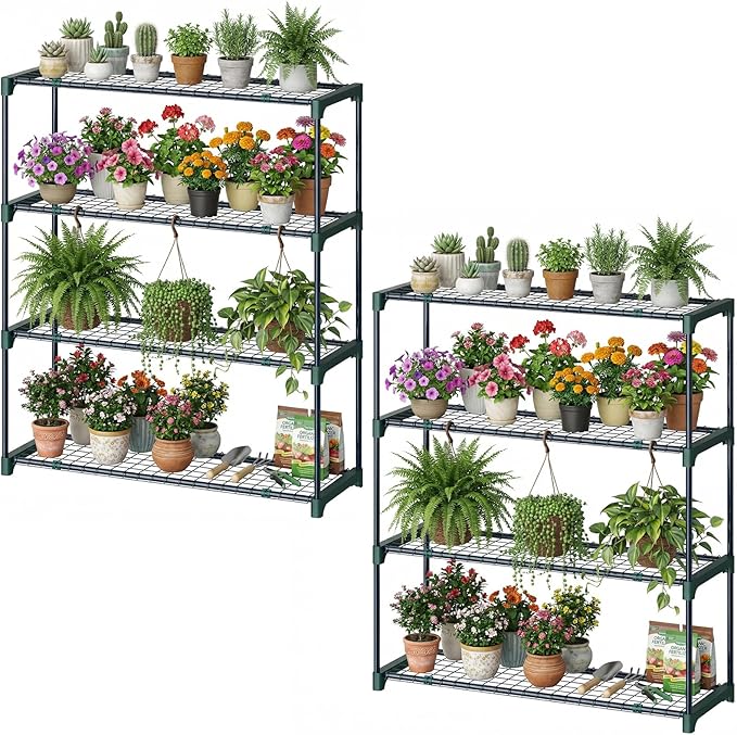 Ohuhu Plant Greenhouse Shelves 4 Tier 2 Pack Extra-Wide Stable Green House Shelving for Outdoor, 35x12x42 Inch Portable Rustproof Metal Shelf Plant Stand Rack Greenhouse Accessories by Ohuhu