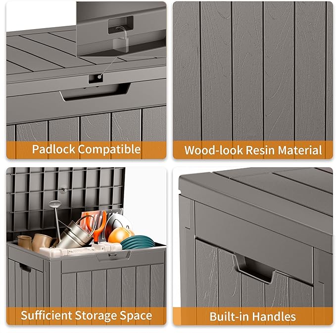 ROJIK Outdoor Storage Housing Deck Box - Waterproof Patio Furniture, Garden Tools, Cushions, Pool Accessories Storage Bench with Lockable Lid and Side Handles (Grey) - Image 5