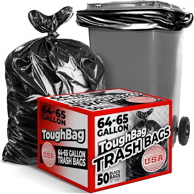 ToughBag 64-65 Gallon Trash Bags Heavy Duty, 50 x 48” Large Black Garbage Bags by ToughBag