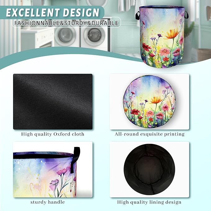 Watercolor Flowers Laundry Basket Wildflower Foldable Funny Laundry Hamper - Image 4