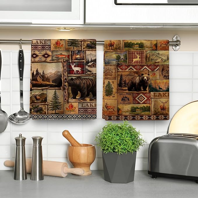 Vintage Rustic Kitchen Towel Set of 4, Lodge Bear Mountain Dish Towels - Image 5