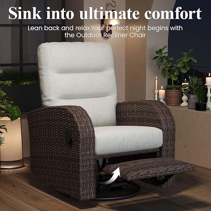 LayinSun Oversized Wicker Outdoor Swivel Glider Recliner with Adjustable Backrest & Footrest, Patio Reclining Lounge Chair - Image 3