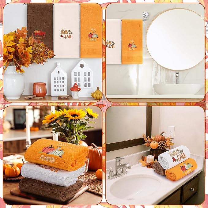 3 Pcs Fall Pumpkin Hand Towels for Bathroom Embroidered Bathroom Towels - Image 5
