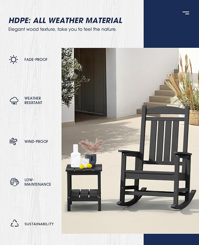KINGYES HDPE Outdoor Rocking Chair, Widened Seat Patio Rocking Chair, Oversized All Weather Patio Rocker, Black - Image 5