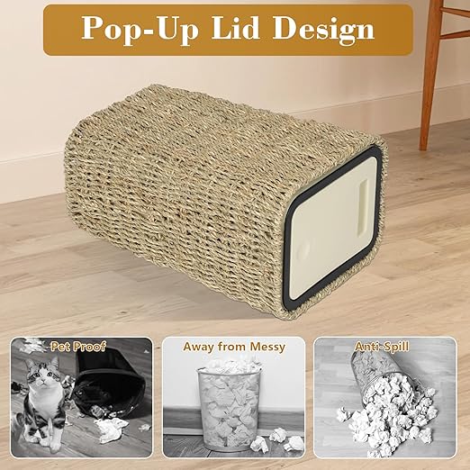 Boho Trash Can with Lid, 3 Gallon Small Rattan Trash Can with Press Top Lid - Image 5