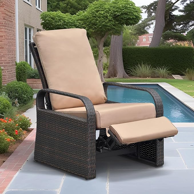 ATR ART TO REAL Outdoor Recliner, Outdoor Wicker Recliner Chair with 5.12'' Cushions, Automatic Adjustable Patio Chaise Lounge Chairs, Aluminum Frame. UV Protected and Rustless (Khaki) by ATRARTTOREAL