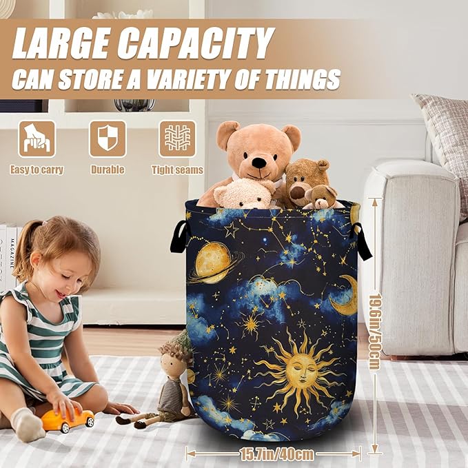 Sun Moon Laundry Basket, Foldable Cloudy Starry Night Laundry Hamper Tote Bag - Image 2