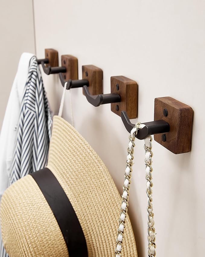 3 Pack Matte Black Wall Coat Hook Rack, Modern Coat Hooks Black Walnut Wood - Image 4