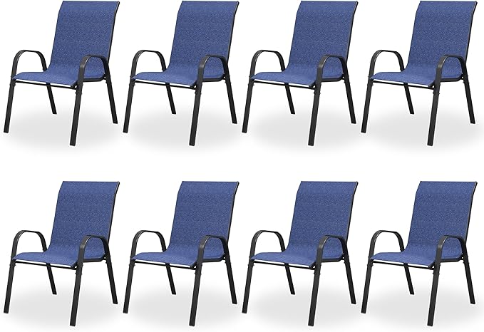 Patio Dining Chairs Set of 8, Outdoor High Stacking Chairs，Breathable Seat Fabric and Alloy Steel Frame for Backyard, Porch, Garden, Sunroom (Blue) by VonzoyHome