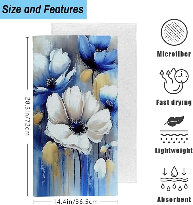 Watercolor White Blue Flowers Hand Towel Set of 2, Abstract Oil Painting Floral - Image 2