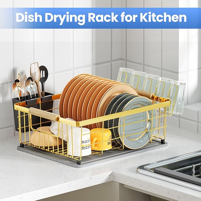 Dish Drying Rack Gold with Diatomaceous Earth 1 Tier, Large Capacity Space - Image 5