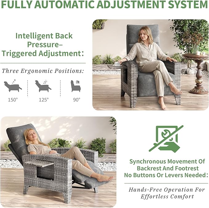 IDEALHOUSE Wicker Outdoor Recliner Reclining Patio Chairs with Adjustable Back & Footrest 150° Lay-Flat Reclining with Air Pump Rattan Flip-Up Side Table Outdoor Lounge Chairs for Pool Deck Balcony - Image 6